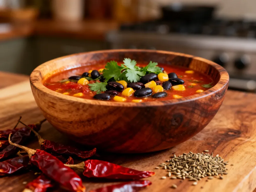Miska meksykańskiej zupy z czarną fasolą, kukurydzą i kolendrą, otoczona przyprawami: suszonymi chili i kuminem.