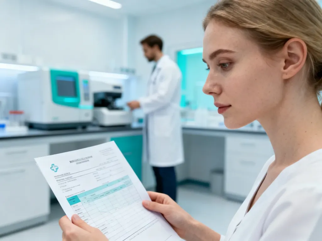 Pacjentka trzymająca wyniki badań w nowoczesnym laboratorium medycznym.