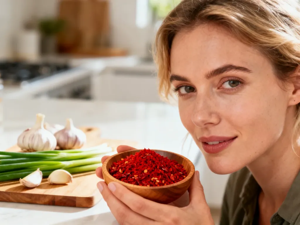 Kobieta trzyma miseczkę z płatkami chili gochugaru w jasnej kuchni, obok czosnku i szczypiorku.