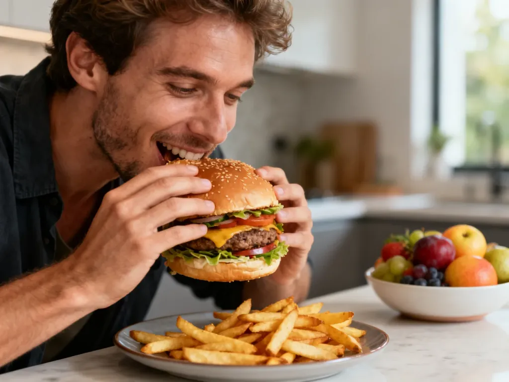 Mężczyzna z apetytem je burgera z frytkami w nowoczesnej kuchni, co symbolizuje cheat day w zbilansowanej diecie.