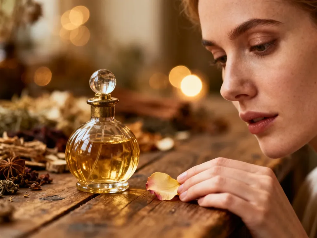Elegancka kobieta trzyma płatek kwiatu obok zabytkowego flakonu perfum, nawiązując do naturalnych składników zapachowych.