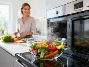 Kobieta trzyma miseczkę z płatkami chili gochugaru w jasnej kuchni, obok czosnku i szczypiorku.