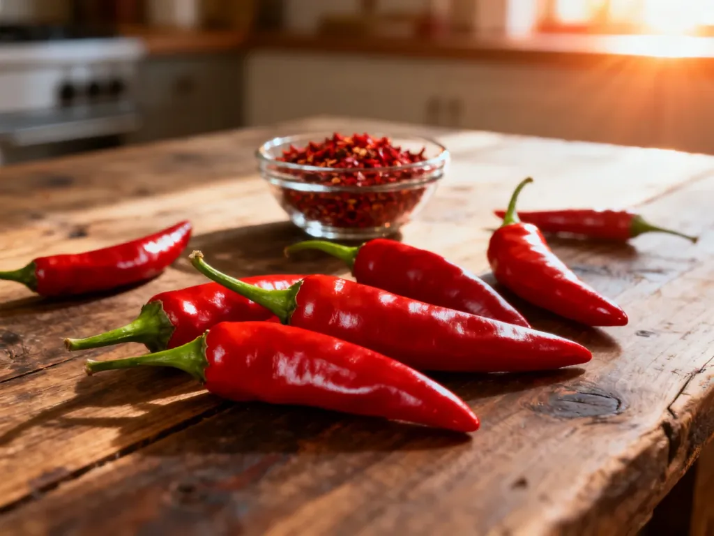 Świeże papryczki peperoncino i płatki chili na rustykalnym drewnianym stole w ciepłym, kuchennym świetle.